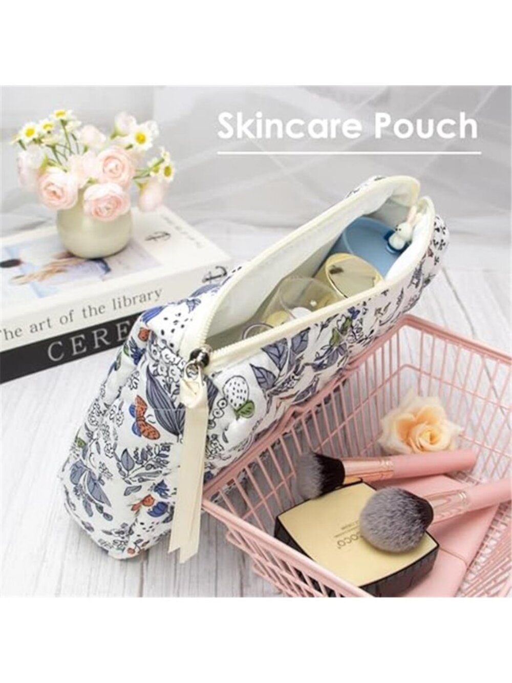 3 Piece Quilted Makeup Bag Set for Women,Cosmetic&Toiletry Bag,Leaf White - Picture 5 of 6